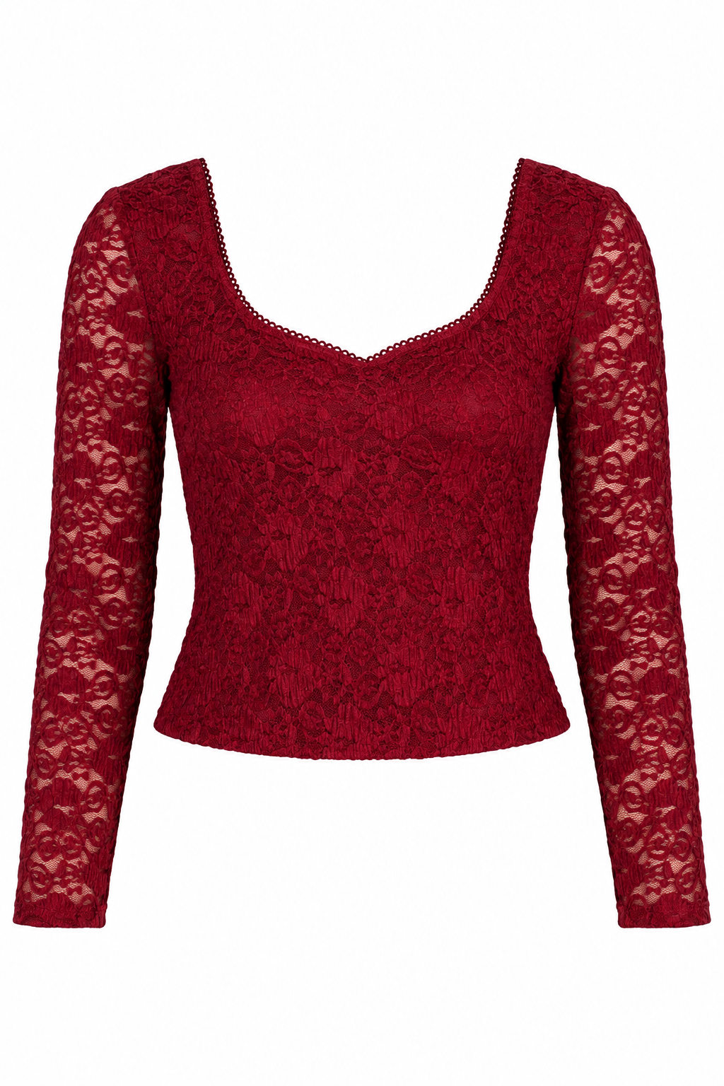 A long-sleeve lace top in deep red, featuring a scoop neckline and a fitted silhouette, shown against a plain white background.