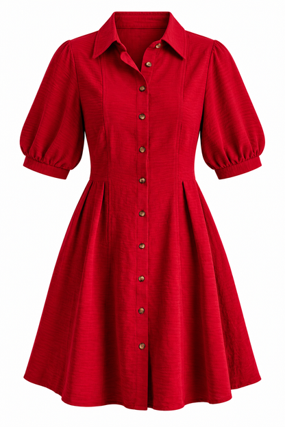 A red short-sleeve button-down dress with a pointed collar, textured fabric, and a flared skirt, shown against a plain white background.