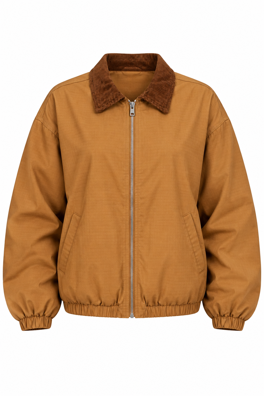 A tan utility jacket with a brown sherpa collar, featuring a front zipper, elastic cuffs, and a relaxed fit, shown against a plain white background.