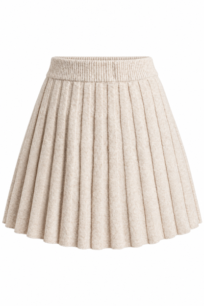 A pleated knit mini skirt in a light oatmeal beige color, shown against a plain white background.