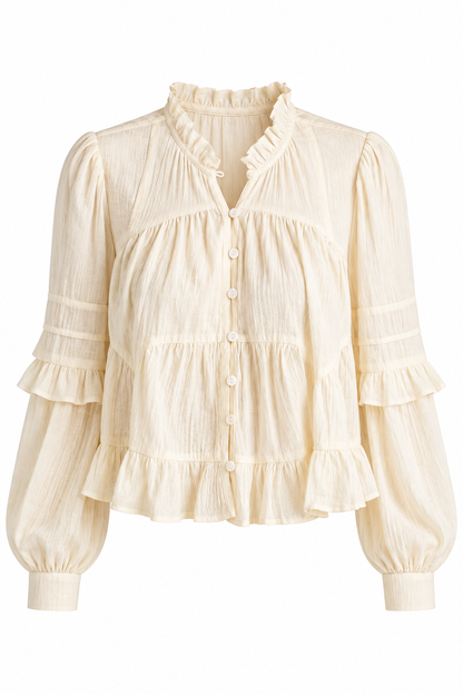 An off-white crinkle gauze blouse with long balloon sleeves, ruffled trim, and a button-up front, shown on a plain white background.