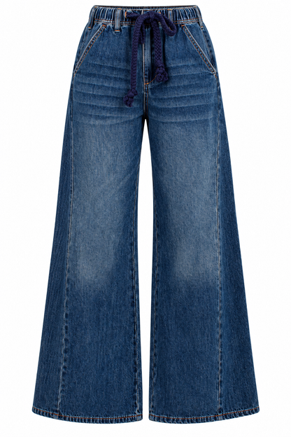 Blue wide-leg denim pants with a dark purple drawstring waist, displayed on a clean white background.