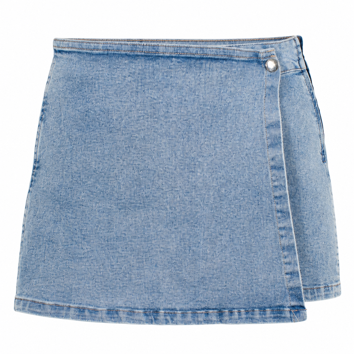 A light blue denim mini skirt with an asymmetrical wrap-style front and a single silver button closure, shown against a plain white background.