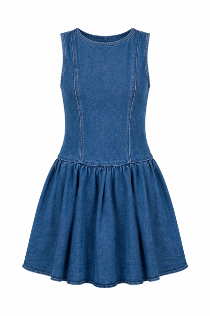 A sleeveless blue denim dress with a fitted bodice and a flared skirt, shown against a plain white background.