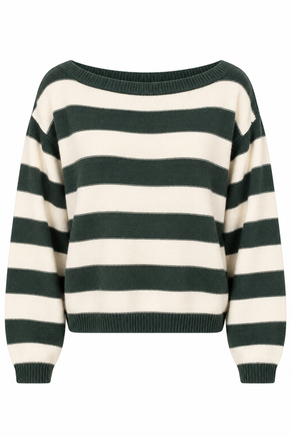 A dark green and cream striped knit sweater with a wide boat neckline, long sleeves, and ribbed cuffs and hem, shown against a plain white background.