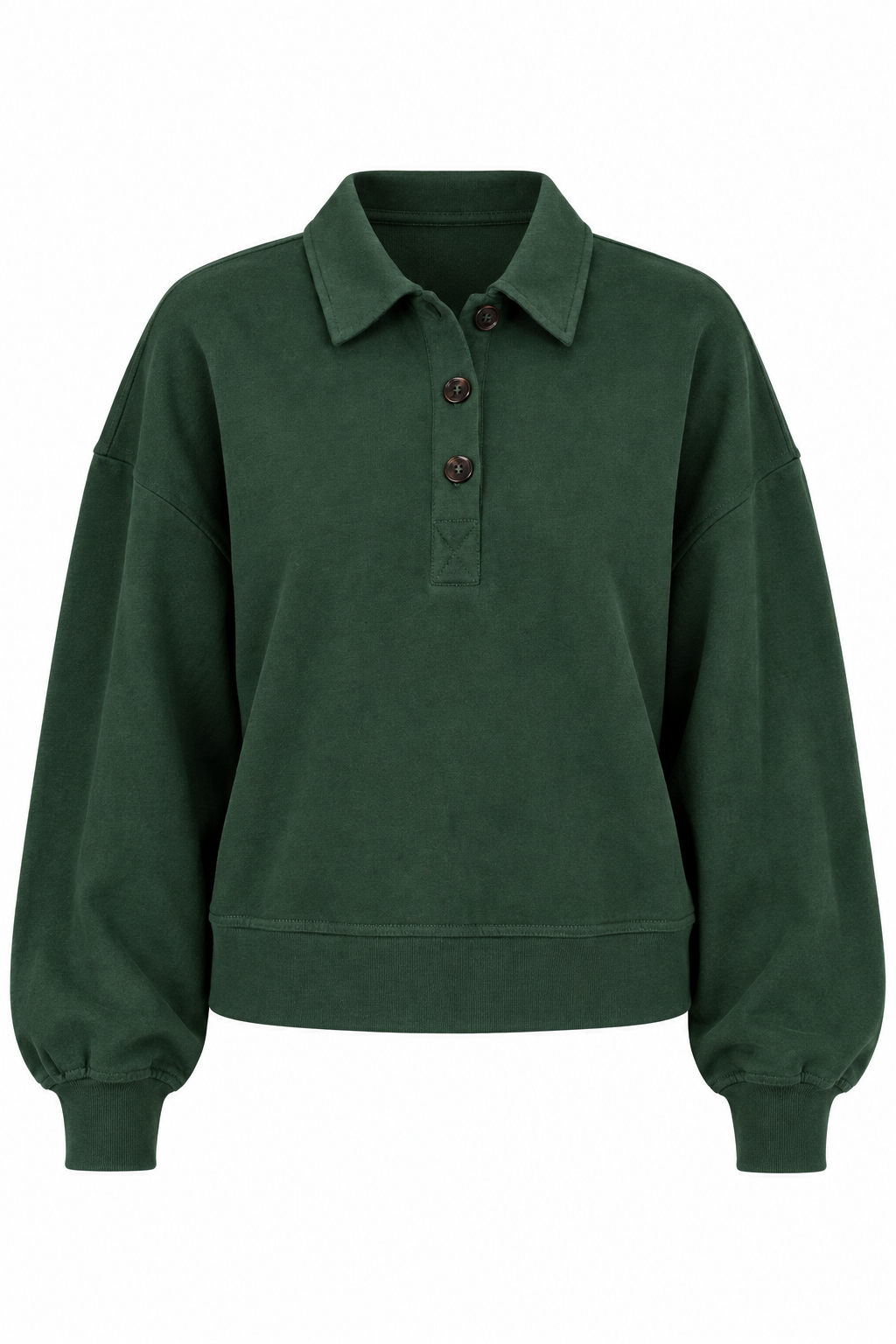A dark green long-sleeve polo sweatshirt with a three-button placket, ribbed hem and cuffs, and a relaxed fit, shown against a plain white background.