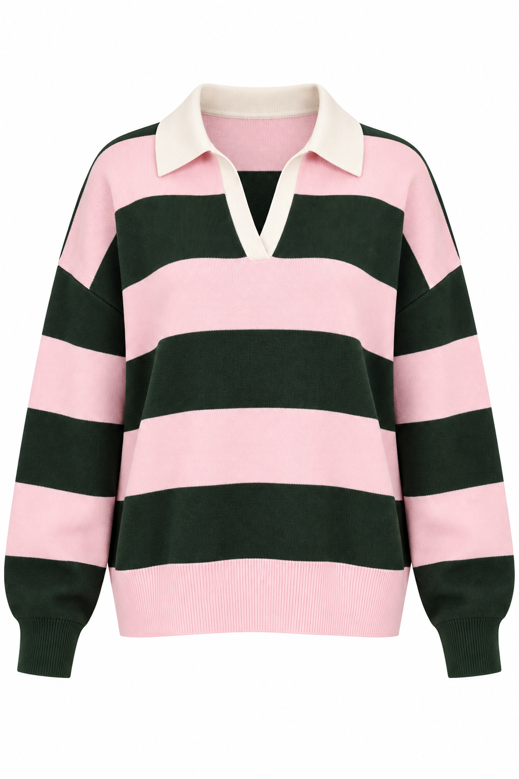 A pink and dark green horizontally striped rugby-style sweater with a cream-colored collar, shown against a plain white background.