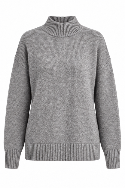 A light gray ribbed knit sweater with a mock neck, long sleeves, and ribbed cuffs and hem, shown against a plain white background.