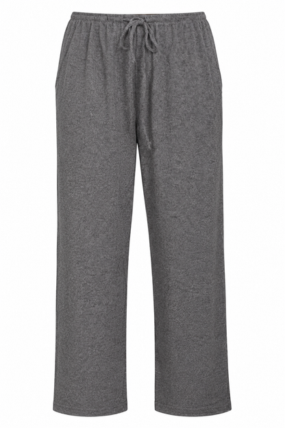 A pair of heather gray wide-leg lounge pants with an elastic waistband and drawstring, shown against a plain white background.