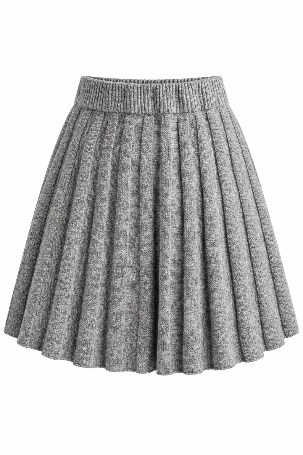 A gray pleated wool skirt with a ribbed waistband, shown against a plain white background.