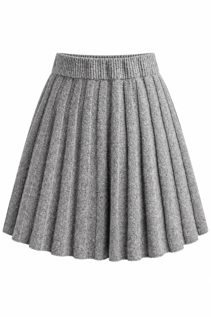 A gray pleated wool skirt with a ribbed waistband, shown against a plain white background.