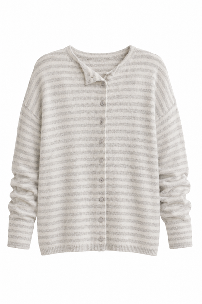 A light beige and white striped knit cardigan sweater with a button-up front, displayed on a clean white background.