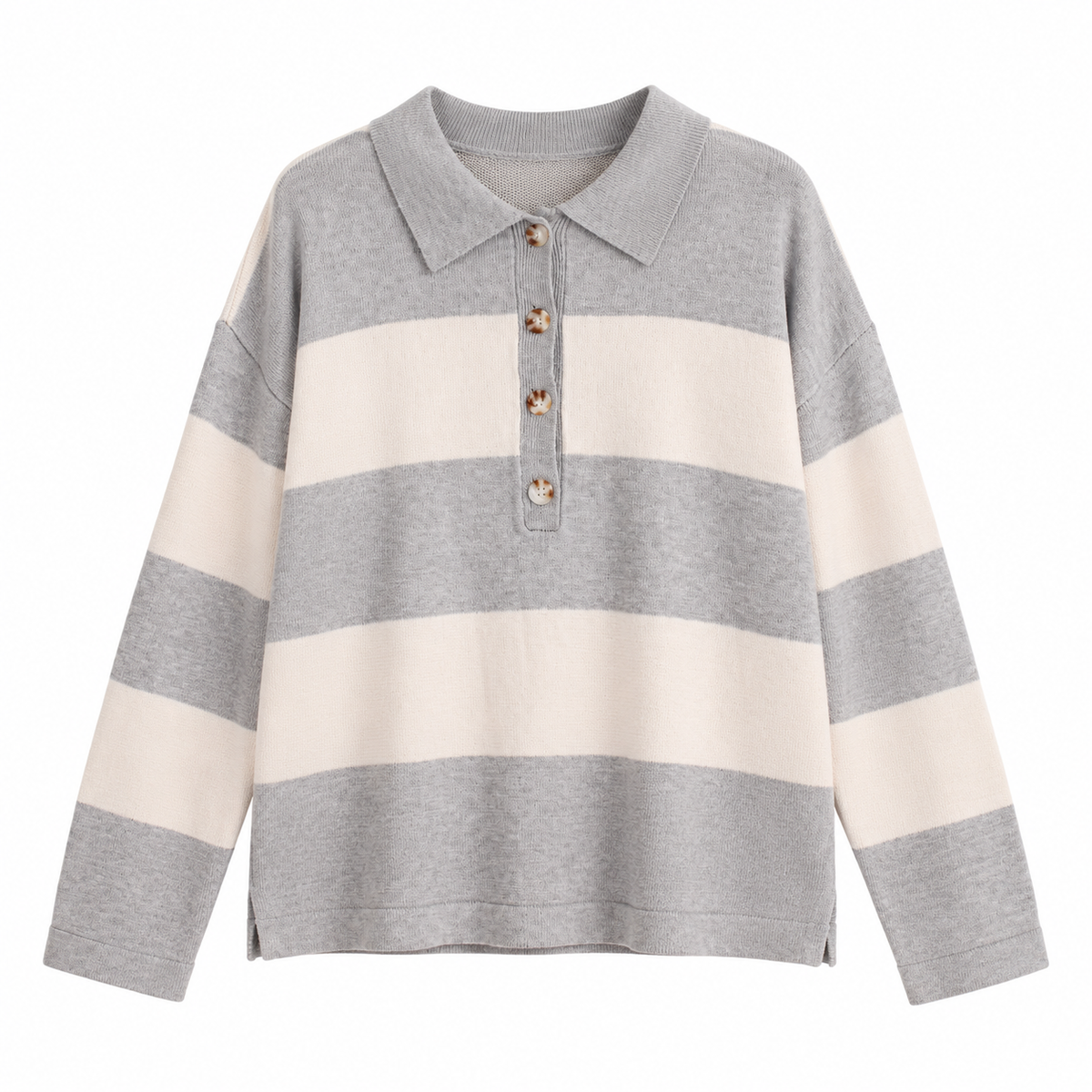 A long-sleeve knit polo shirt with horizontal stripes in heather gray and cream, featuring a three-button placket with tortoiseshell-style buttons.
