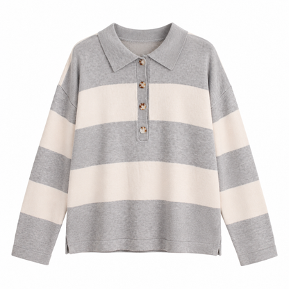 A long-sleeve knit polo shirt with horizontal stripes in heather gray and cream, featuring a three-button placket with tortoiseshell-style buttons.