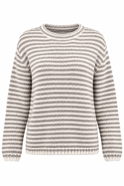 A long-sleeve knit sweater with horizontal stripes in beige and gray, shown against a plain white background.
