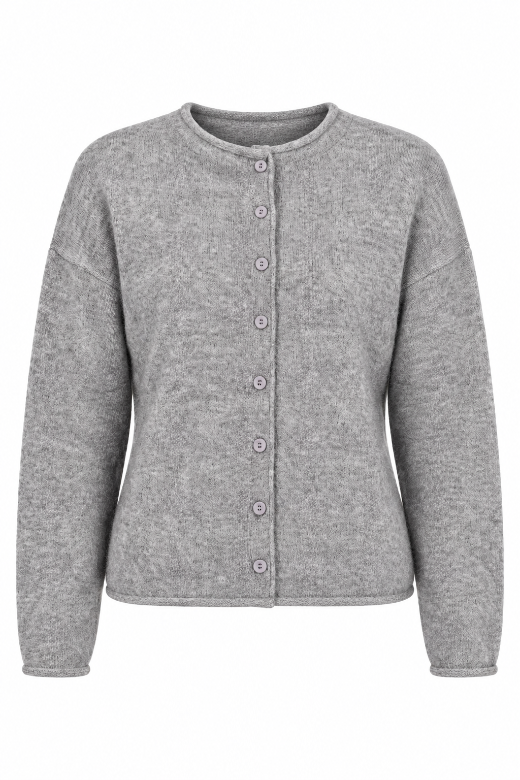 A light gray heathered knit cardigan sweater with a button-up front, displayed on a clean white background.