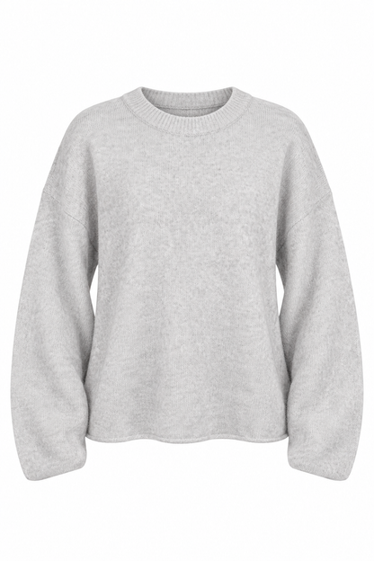 A light gray heathered crewneck sweater with long sleeves, shown against a plain white background.