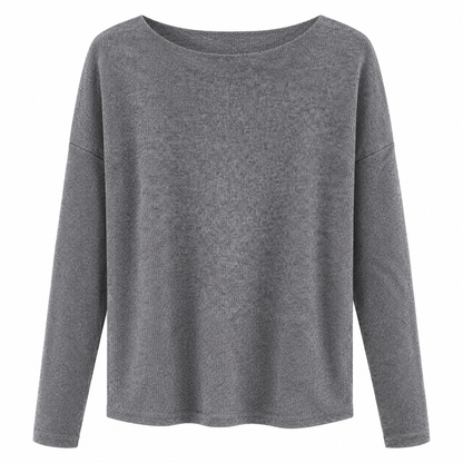 A gray long-sleeve knit top with a wide boat neckline, displayed on a clean white background.