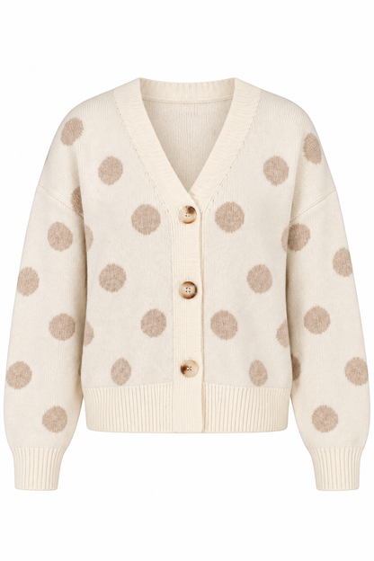 An off-white knit cardigan sweater with beige polka dots and three wooden buttons, shown against a plain white background.