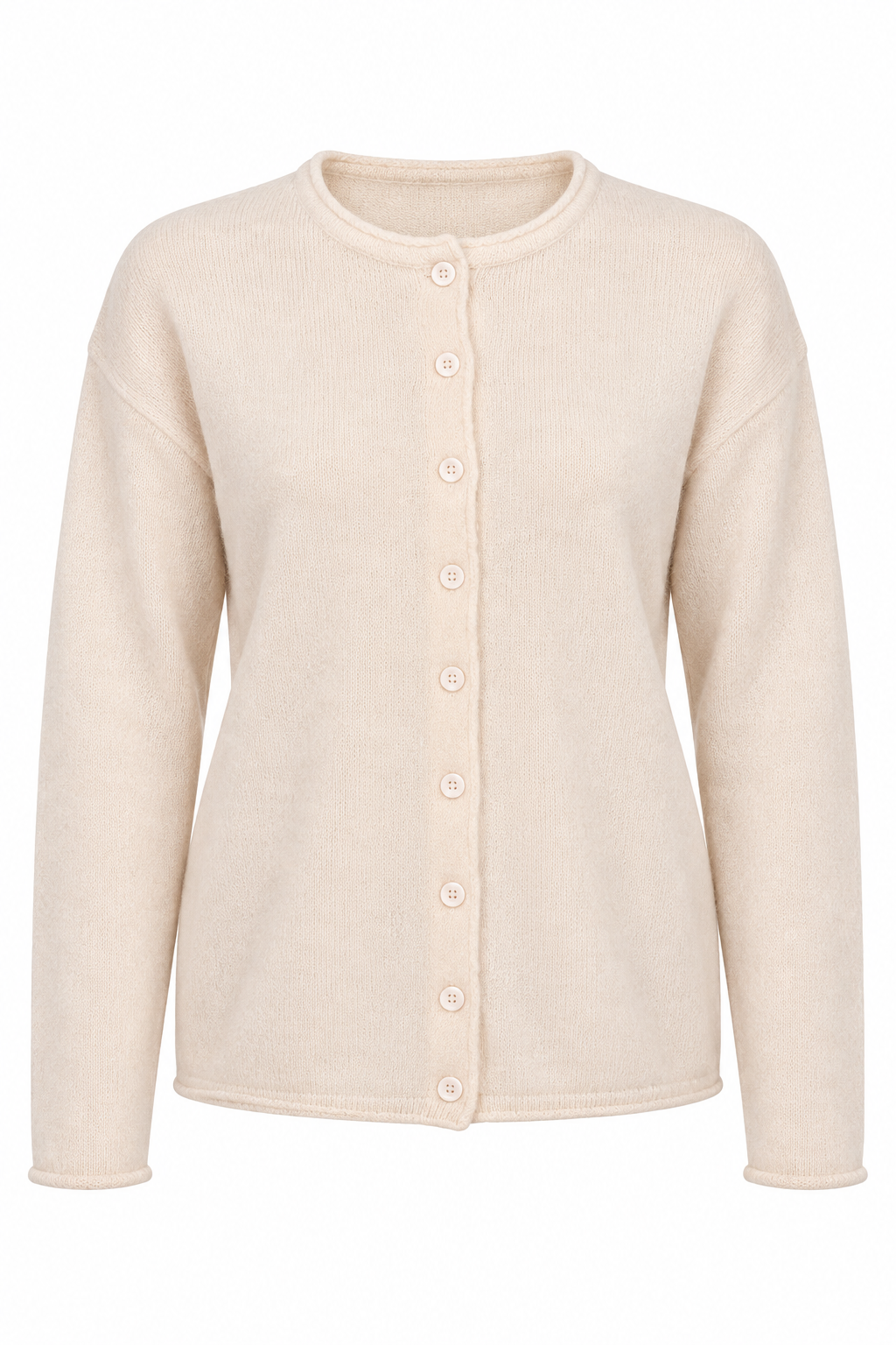 A light beige knit cardigan sweater with a crew neck and a button-up front, displayed on a clean white background.