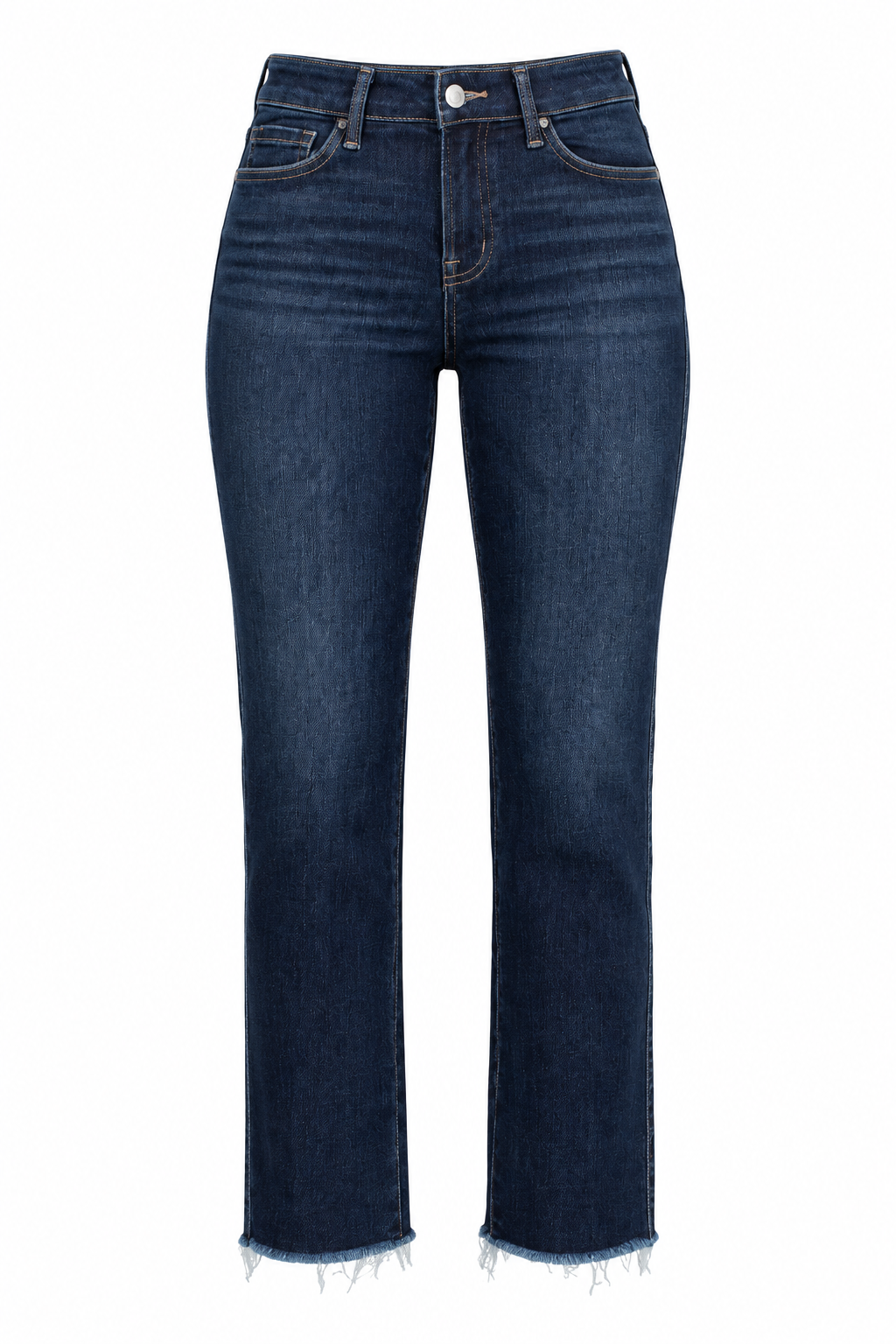 Dark blue straight-leg denim jeans with a raw, frayed hem, shown against a plain white background.