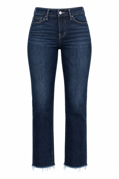 Dark blue straight-leg denim jeans with a raw, frayed hem, shown against a plain white background.