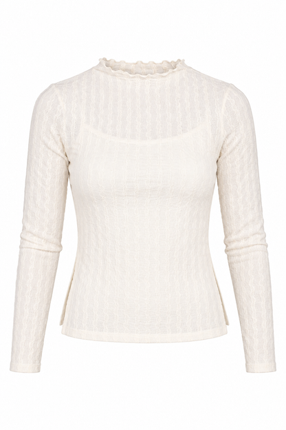 An off-white ribbed knit long-sleeve top with a scalloped mock neck, shown against a plain white background.