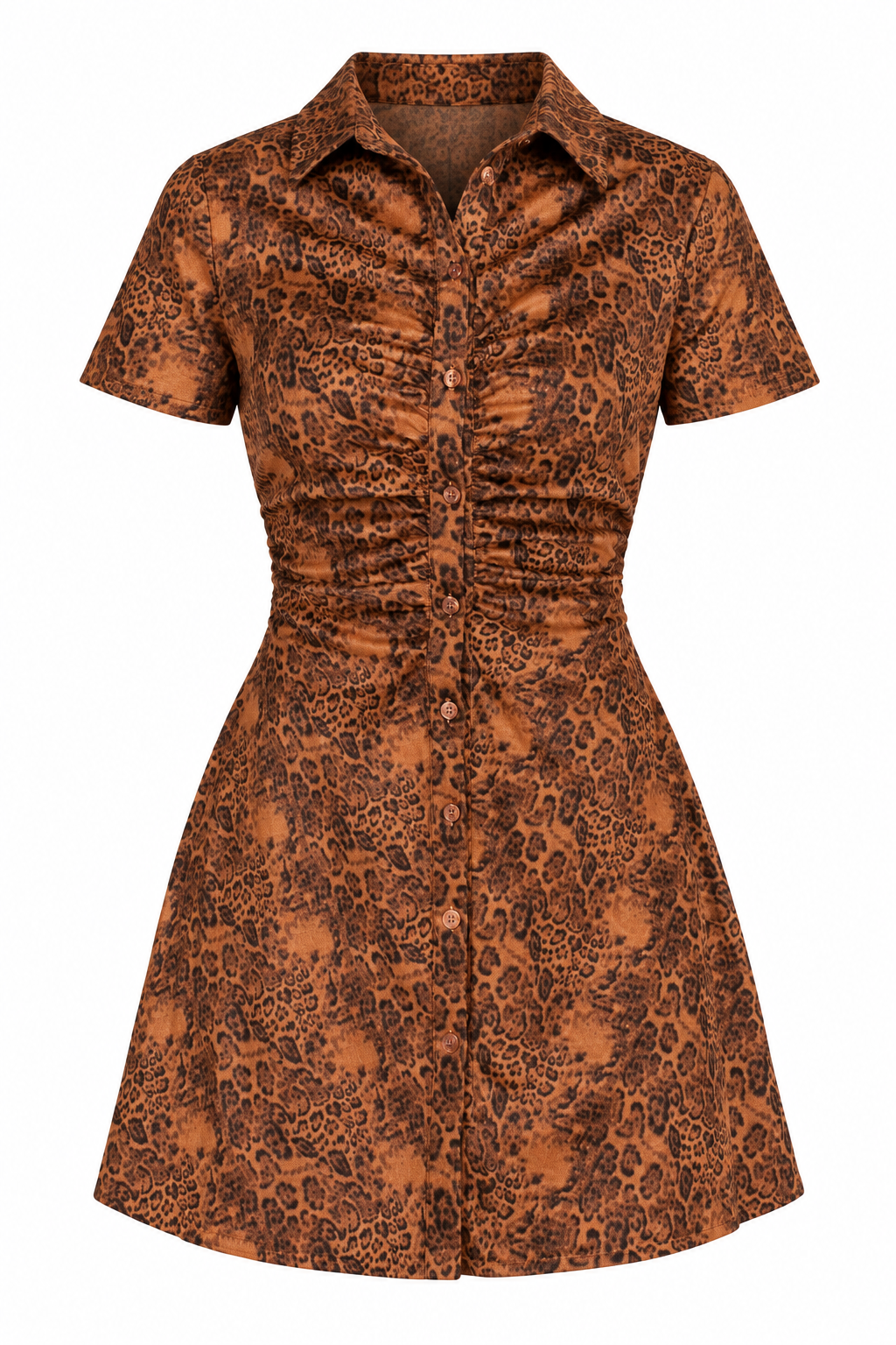 A short-sleeve button-front dress with a gathered waist and an allover leopard print pattern in brown and black, shown on a plain white background.