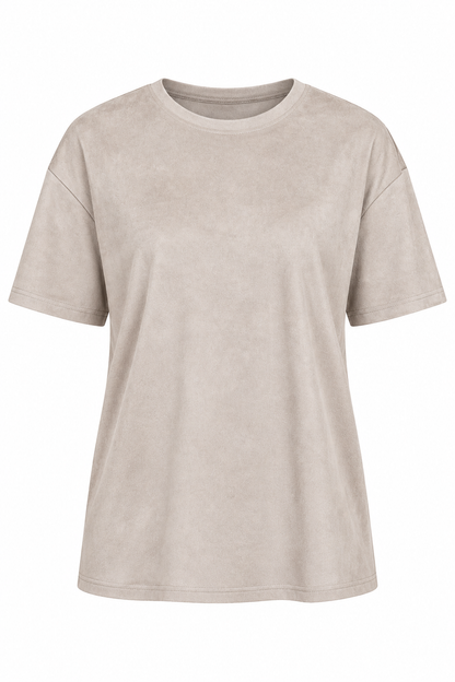 A short-sleeve crewneck t-shirt in a light beige or sand color, shown against a plain white background.