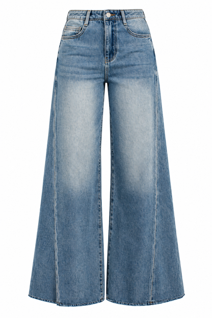 Light blue wide-leg denim jeans with a faded wash and classic five-pocket design, shown against a plain white background.