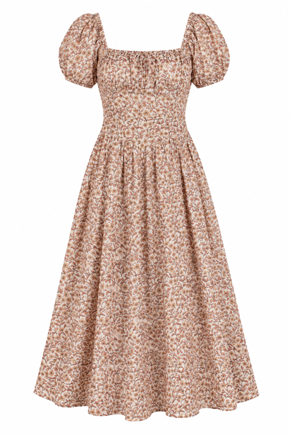 Rustling Petals Cream Floral Puff Sleeve Midi Dress