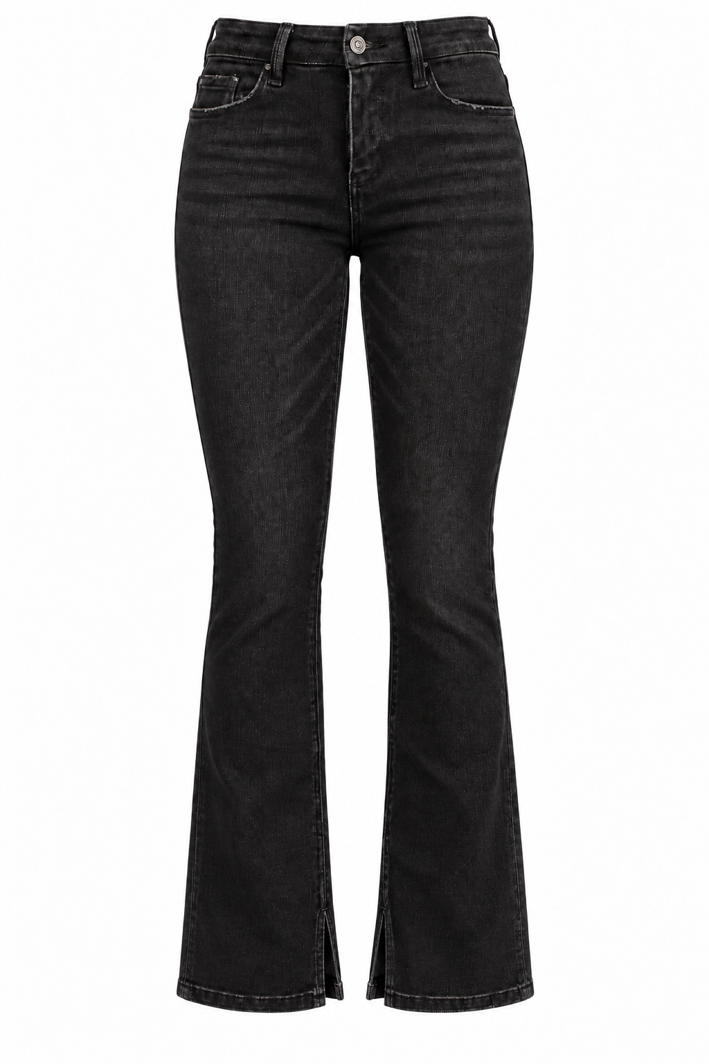 Black high-waisted flare jeans with a subtle faded wash, shown against a plain white background.