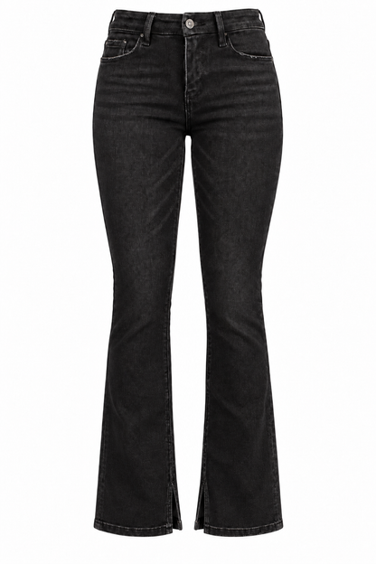Black high-waisted flare jeans with a subtle faded wash, shown against a plain white background.