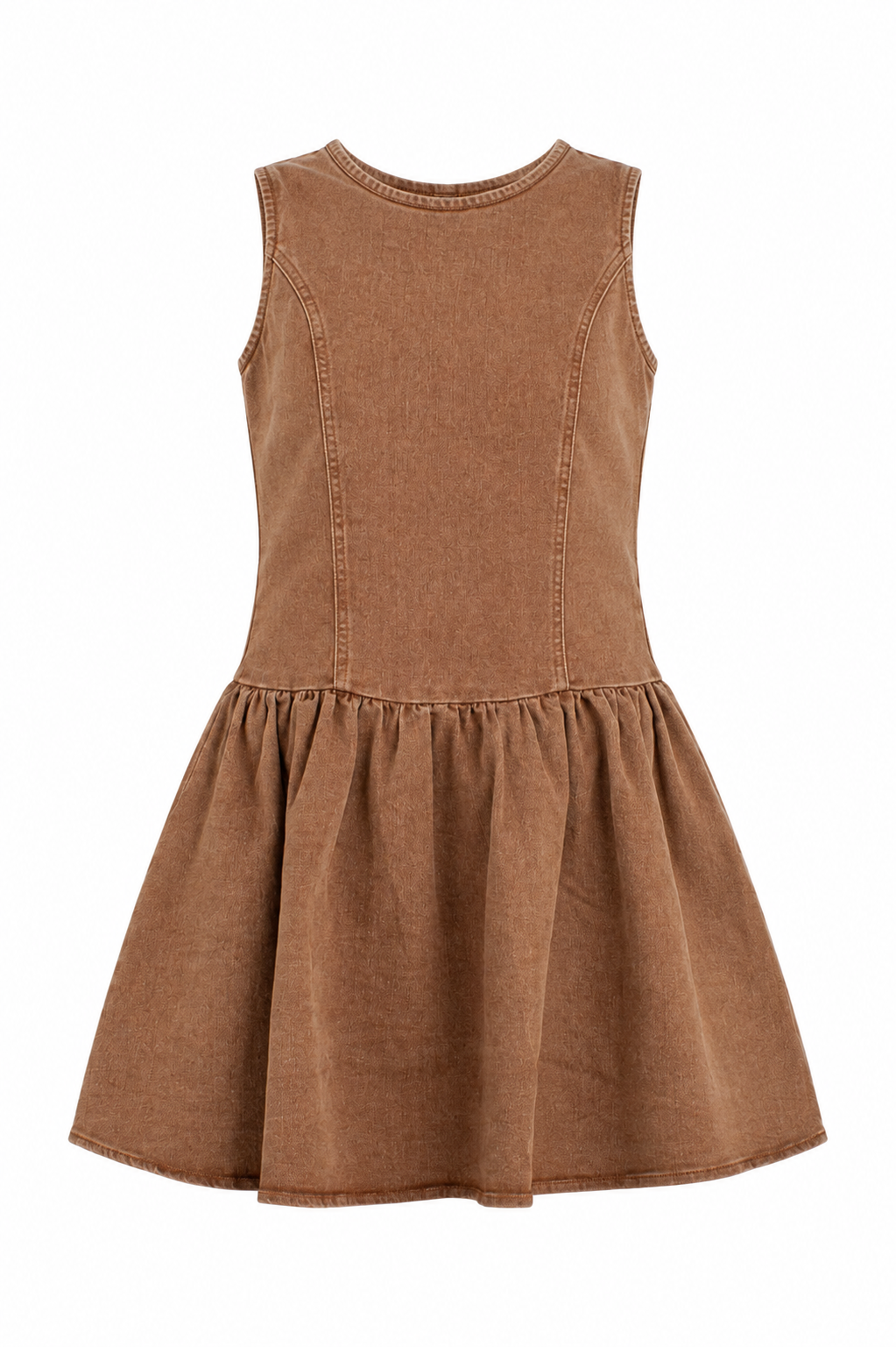 A sleeveless brown dress with a gathered waist and flared skirt, shown against a plain white background.