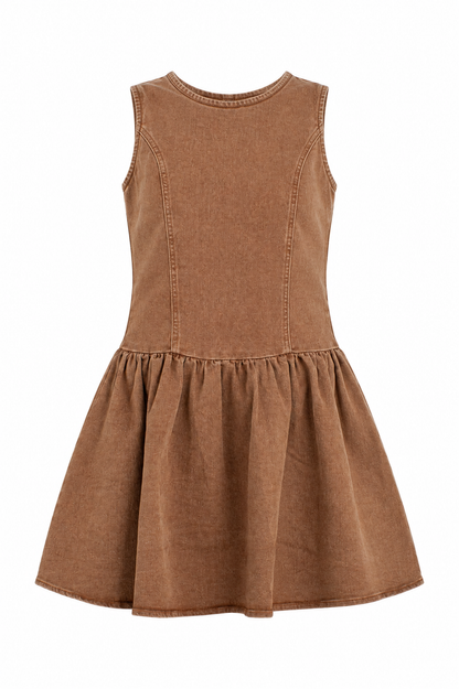 A sleeveless brown dress with a gathered waist and flared skirt, shown against a plain white background.