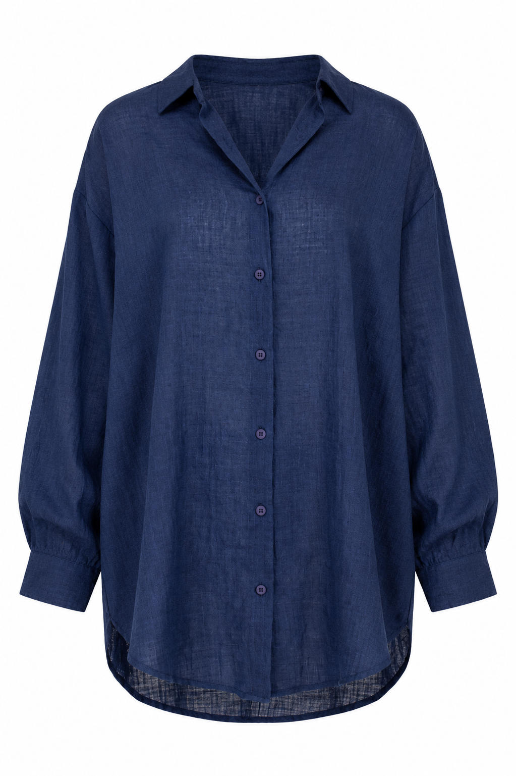 A dark blue long-sleeve button-up shirt with a relaxed, oversized fit, shown against a plain white background.