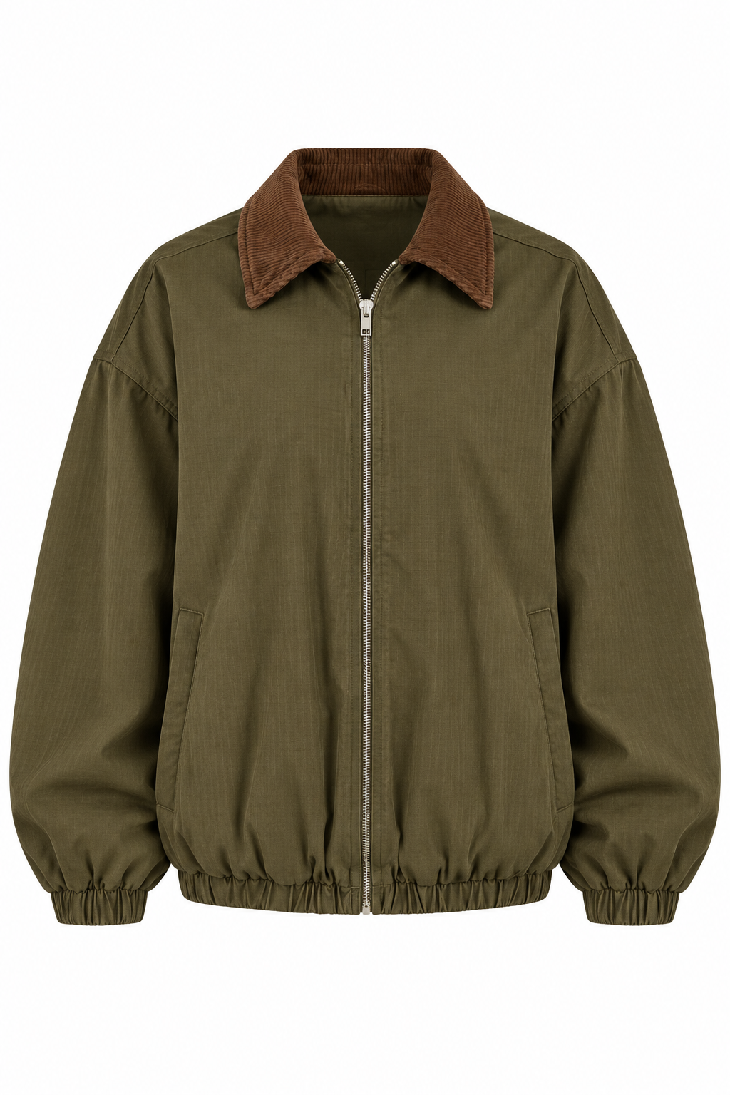 An olive green zip-up jacket with a brown corduroy collar, shown against a plain white background.