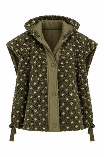 Into The Meadow Dark Olive Floral Sherpa Vest