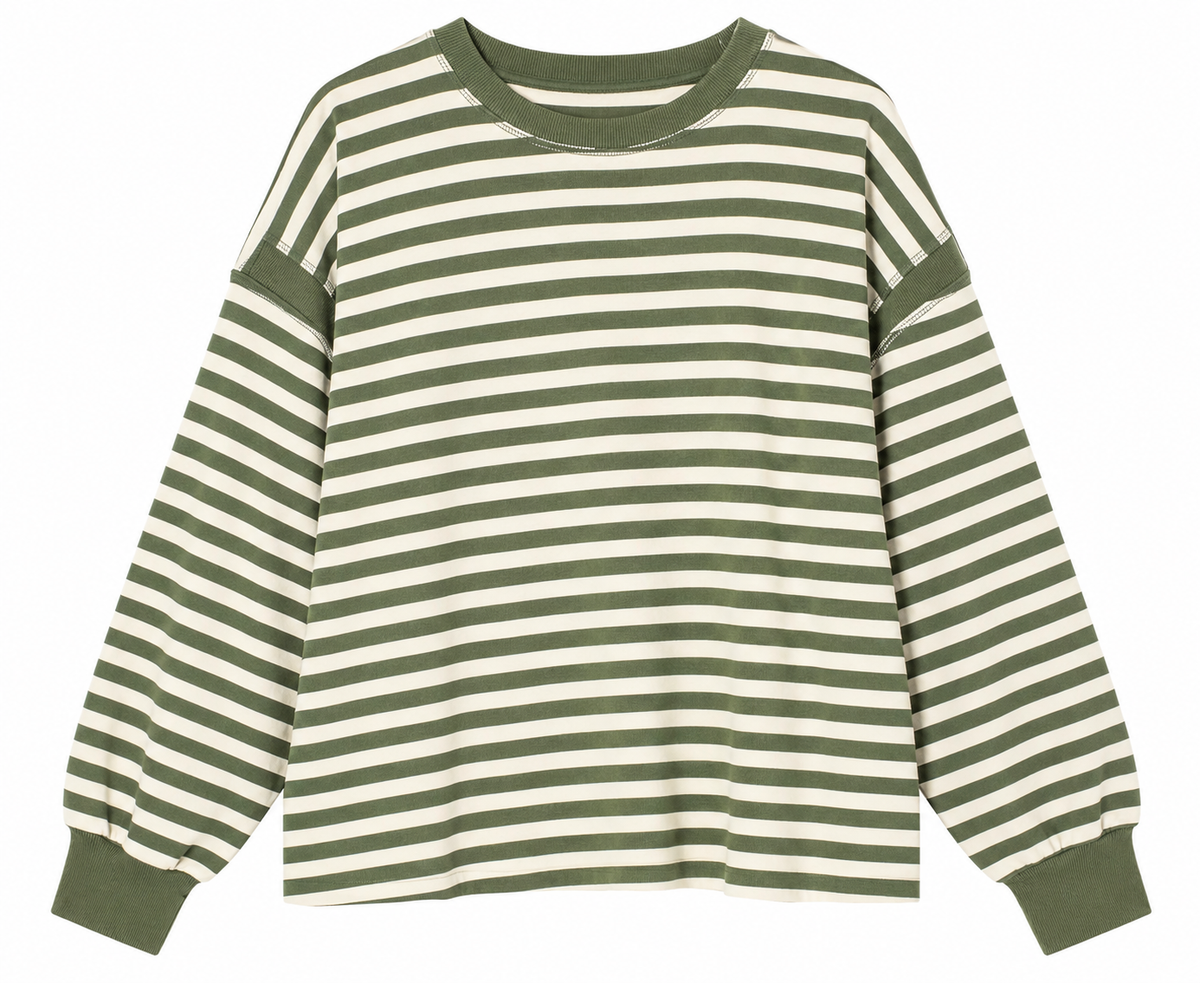 A long-sleeve crewneck shirt with horizontal olive green and cream stripes, featuring solid olive green ribbed cuffs and collar, displayed on a clean white background.