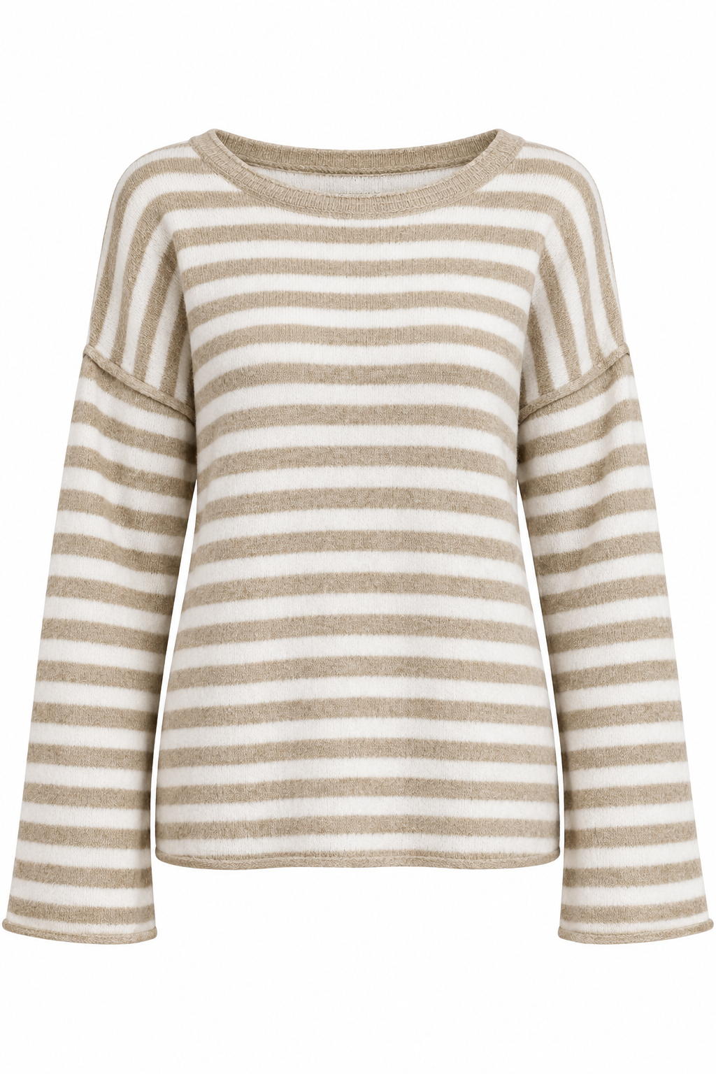 A long-sleeve knit sweater with horizontal beige and off-white stripes, featuring a wide boat neckline and a relaxed fit, shown against a plain white background.