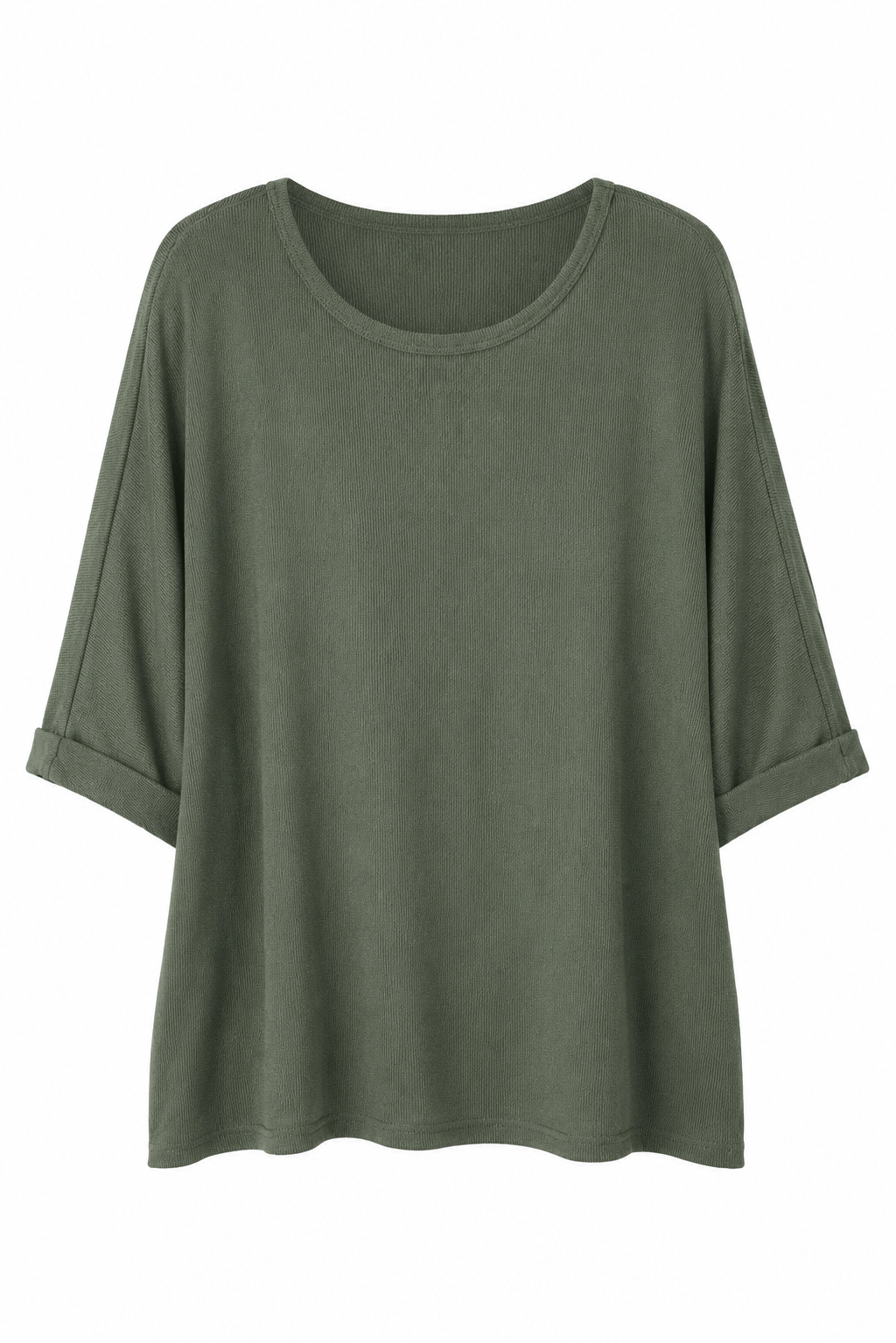 An olive green short-sleeve top with a wide scoop neckline and rolled cuffs, shown against a plain white background.