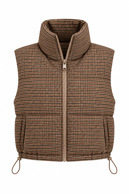 A brown and beige houndstooth patterned puffer vest with a high stand-up collar, front zipper, and drawstring ties at the hem, shown on a plain white background.