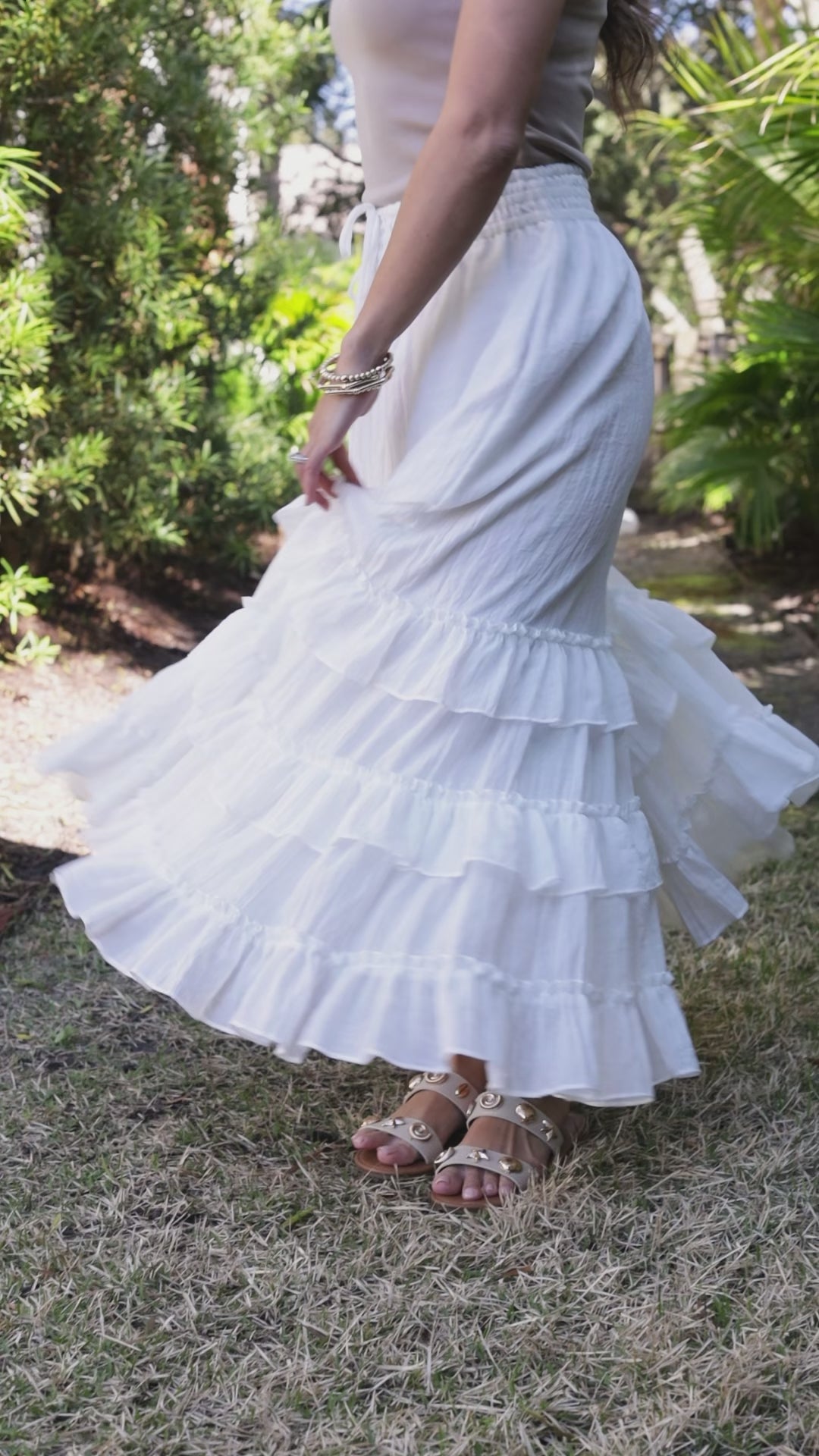 Relaxed Yet Polished Tiered Ruffle White Maxi Skirt