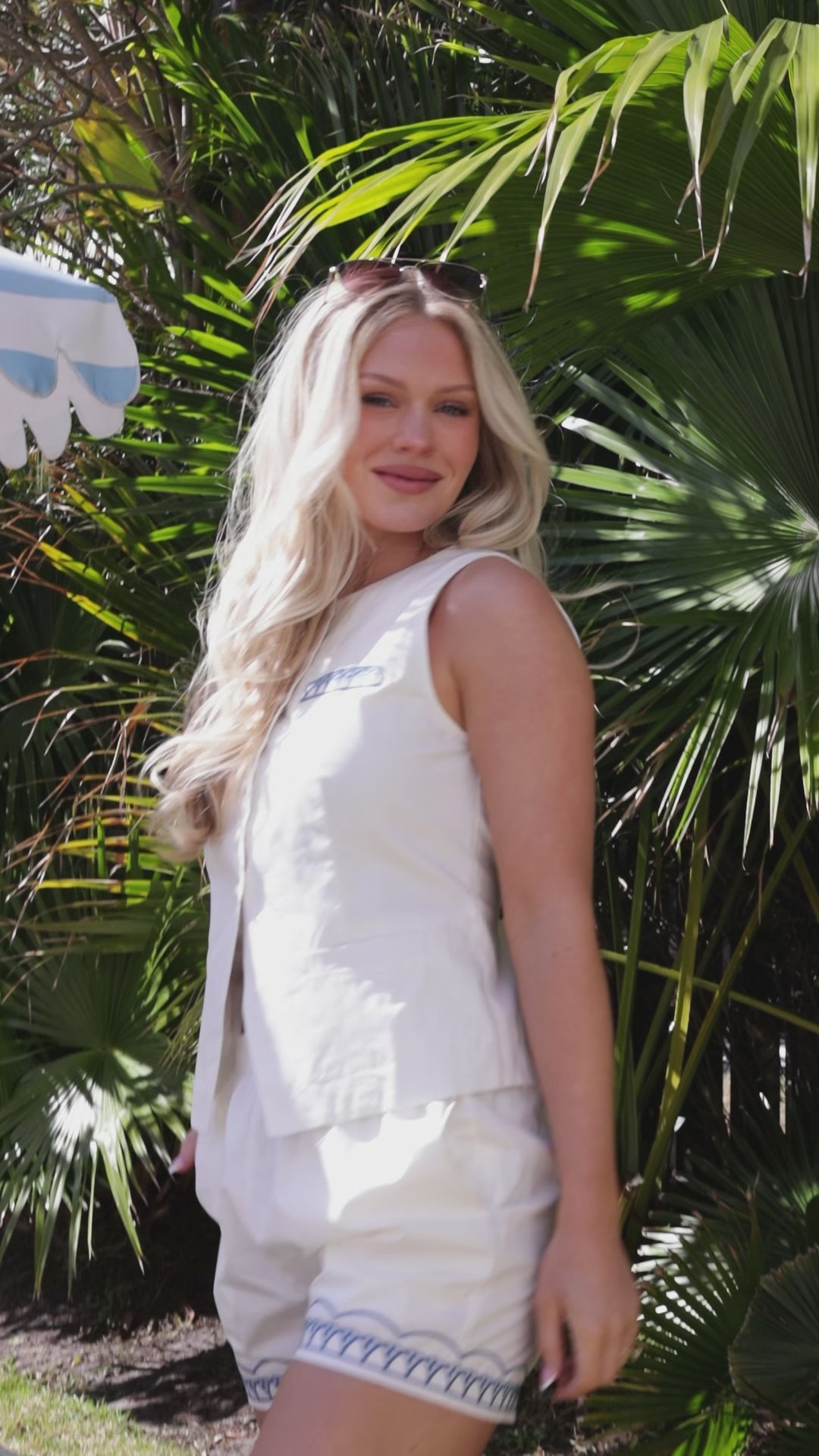 Setting Sail Embroidered Off White Button Front Tank