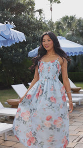 Calm And Composed Blue Floral Smocked Midi Dress