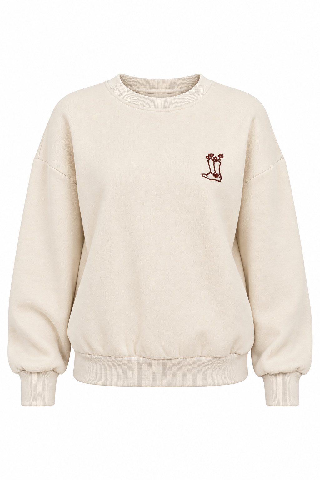 A cream-colored crewneck sweatshirt with a small embroidered mushroom graphic on the left chest, displayed on a clean white background.
