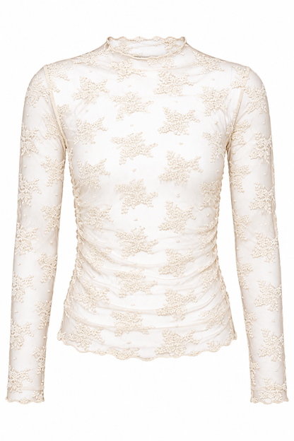 An off-white long-sleeve mock neck top featuring an intricate floral lace pattern and a scalloped hem, displayed on a clean white background.