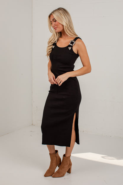 Western Allure Buckle Strap Midi Dress