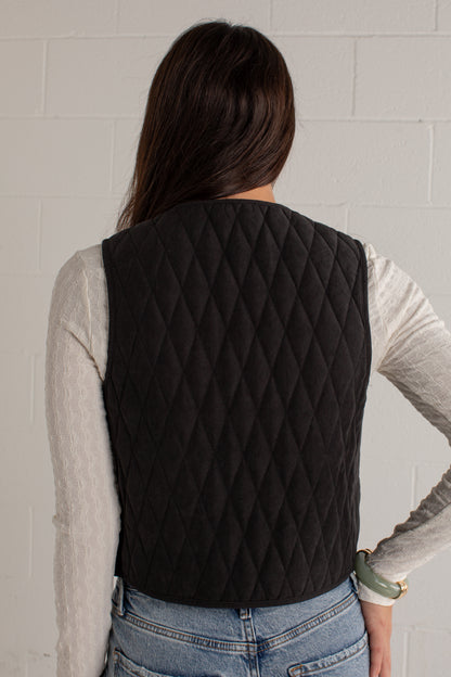 A woman viewed from behind wearing a black diamond-quilted vest over a white long-sleeve top and blue jeans, standing against a white painted brick wall.