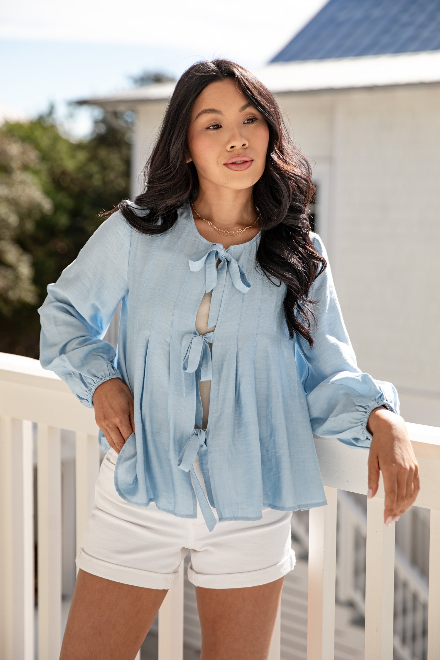 FINAL SALE - Skywashed Blue Tie-Front Blouse